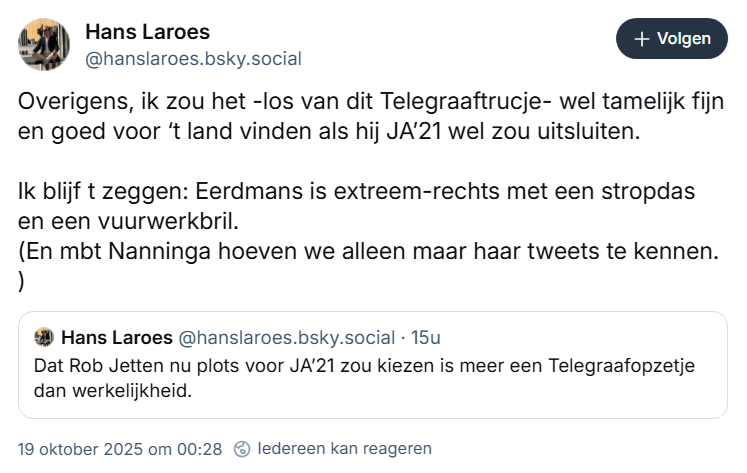 eenblikopdenos's tweet image. Volgens Hans #Laroes is JA21-lijsttrekker Joost @Eerdmans "extreem-rechts met een stropdas en een vuurwerkbril". #Eerdmans wordt dus de facto als een fascist of nationaal-socialist bestempeld. Daarmee maakt de oud-hoofdredacteur van de @NOS zich schuldig aan smaad/laster.
