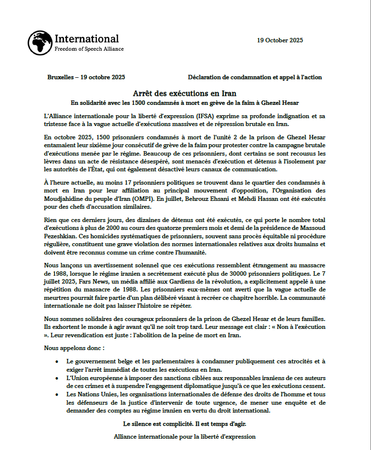 ifreespeecha's tweet photo. International Freedom of Speech Alliance urges the international community to protect prisoners and #StopExecutionsInIran.
1500 death row prisoners are on hunger strike.
We ask @BelgiumMFA and @prevotmaxime to speak out and act.
#HumanRights #GhezelHesar
#SOS1500DeathRowInIran
Full statement 👇👇
