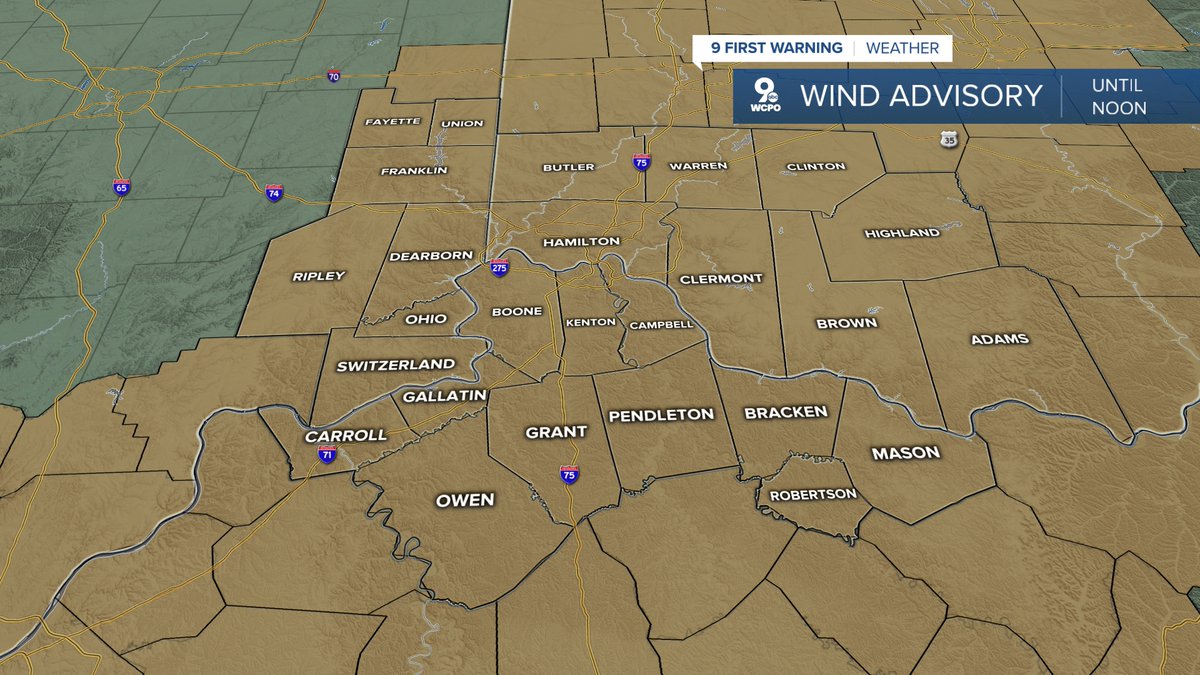9 FIRST WARNING: A Wind Advisory in effect until Noon today. Gusts of 30 to 40 mph possible and some higher. Gusts will decrease behind a cold front that will move through the area this morning. Tree limbs could be blown down and a few power outages may result.