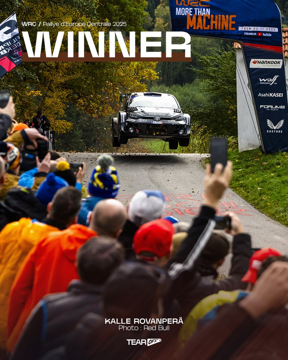 TearOffFR's tweet photo. 🚨 VICTOIRE DE KALLE ROVANPERÄ SUR LE RALLY D'EUROPE CENTRALE 🇪🇺

Le double champion du monde a su être le plus RÉGULIER et reste dans le match pour le titre 🥇

Le pilote finlandais est suivi d'Elfyn Evans, concurrent pour la couronne mondiale, 2e et d'Ott Tänak , 3e.

🇫🇷 Côté Français, Sébastien Ogier ne glane que les points du Super Sunday et de la Power Stage, cédant la tête du classement général au Britannique à deux rallyes de la fin. Adrien Fourmaux termine 5e.

#WRC #CER2025