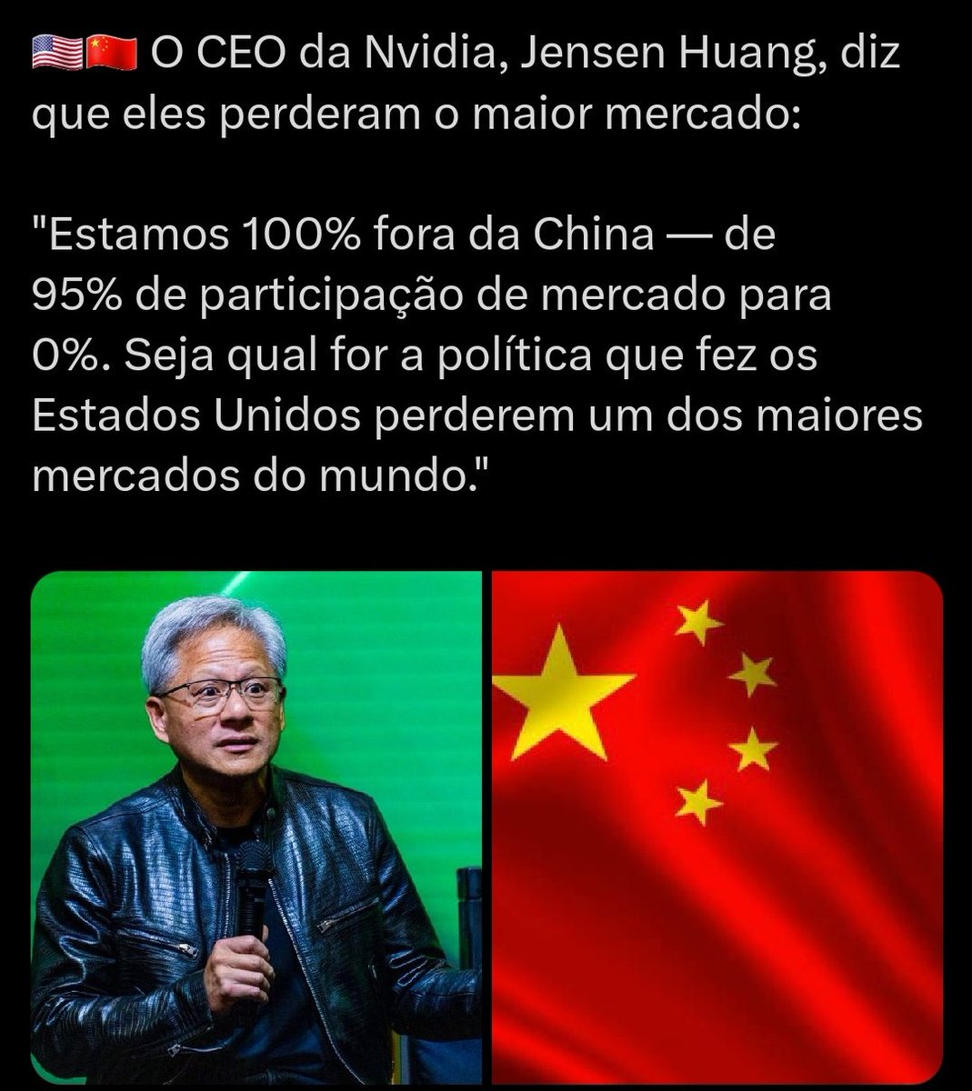 bbbrezenski's tweet image. De 95% para 0%.
Essa foi a estratégia do governo Trump em relação à NVIDIA no mercado chinês. 👏🏻👏🏻👏🏻

A NVIDIA é hoje a empresa americana mais próxima de atingir o processamento quântico.
A China já está um passo à frente, poderia haver cooperação, mas os EUA decidiram apostar no…