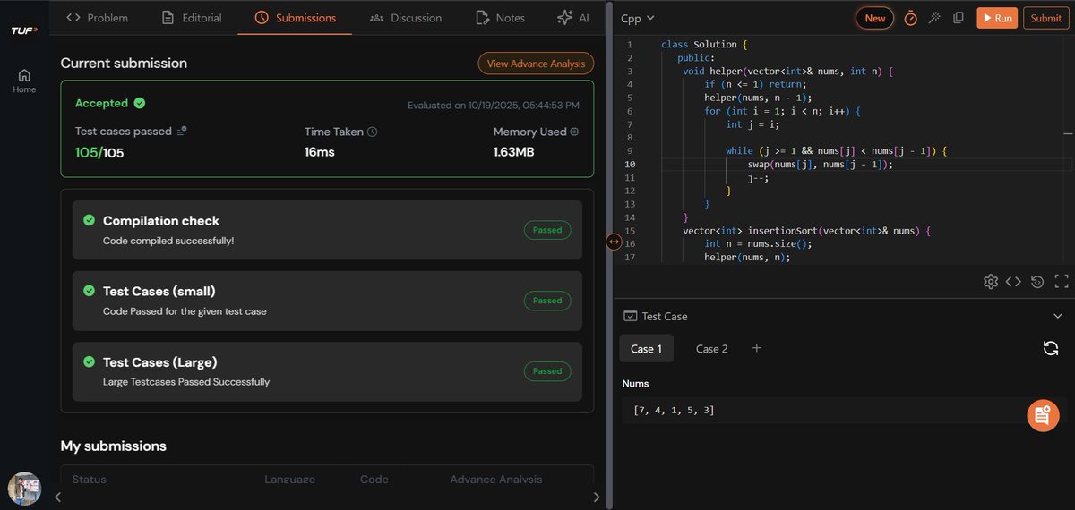 amansharma264's tweet image. 🚀 Completed Step 2 – Lecture 2 of #TUFWinterArc  with Striver Sir’s (@takeUforward_  ) A2Z DSA Course!
✅ Focus Areas:
- Sorting II: Merge Sort, Recursive Bubble Sort, Recursive Insertion Sort, Quick Sort
These algorithms deepened my recursion and sorting efficiency knowledge,…