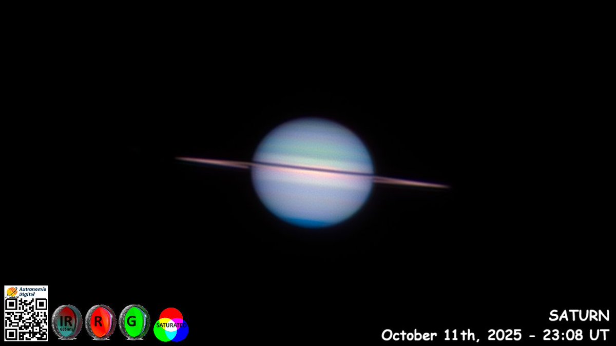 Saturno🪐
Imagen realizada con cámara monocroma logrando colores al mezclar infrarrojos + rojo + verde como RGB.
Anillos💍casi de canto.
#cielosESA #Astrophotography <a href="/aamadridsur/">Agrupación Astronómica Madrid Sur AAMS</a> <a href="/PlanetarioMad/">Planetario de Madrid</a> <a href="/ObservaUCM/">Observatorio UCM</a> <a href="/ObsCalarAlto/">Observatorio Astronómico de Calar Alto</a> <a href="/IAC_Astrofisica/">IAC Astrofísica</a> <a href="/apod/">Astronomy Picture of the Day</a> <a href="/IGN_RObsMadrid/">Real Observatorio</a> <a href="/Jessica_BC1/">Jessica Baquerizo</a>