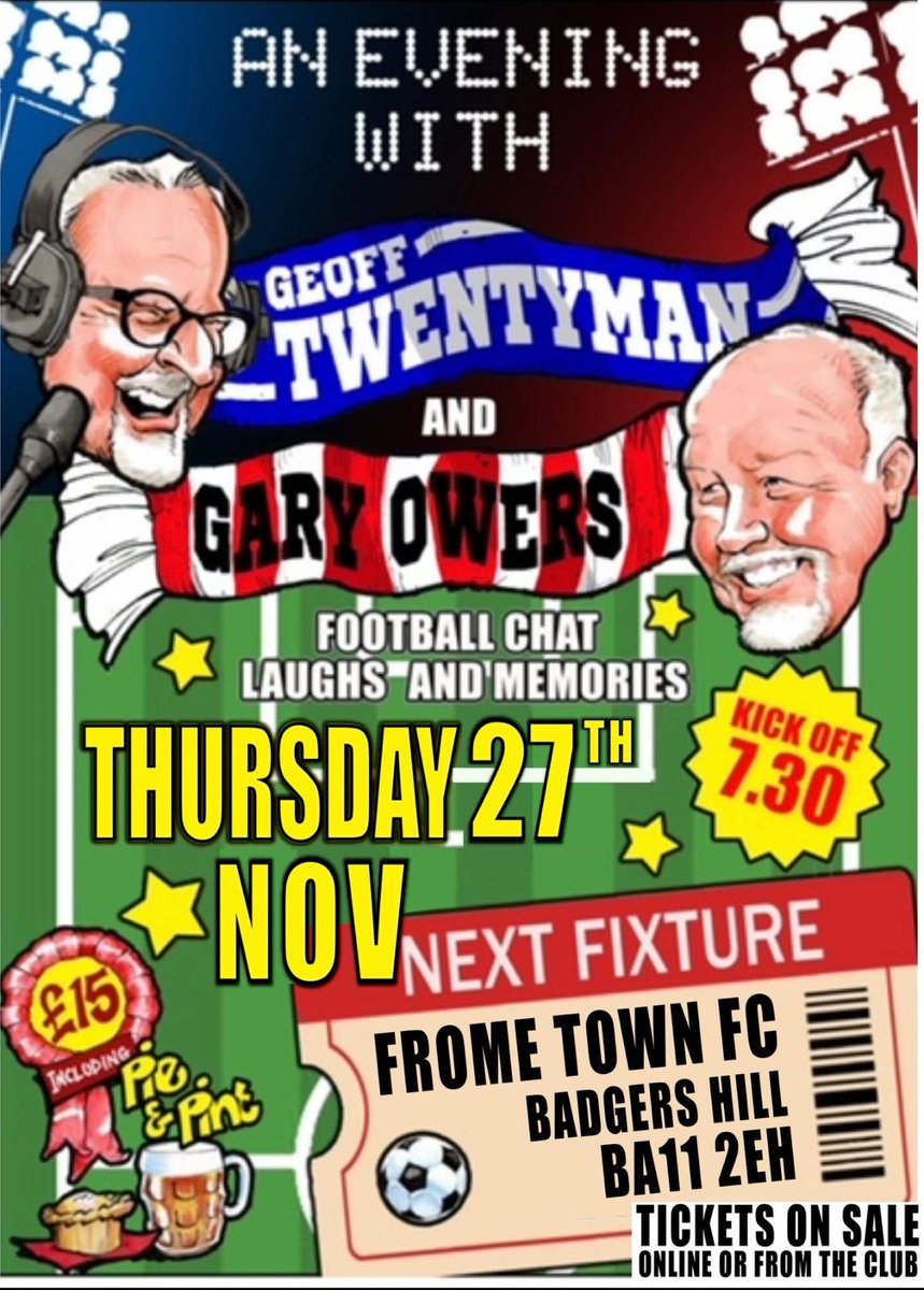 🚨EVENT ANNOUNCEMENT 🚨

⚽️🎤 - <a href="/FromeTownFC/">Frome Town FC</a> 
🥧🍺 - Thurs 27 Nov at 7.30pm
🫵🏻⚽️ - £15 inc Pie and a Pint 
🎟️ 🎫- Tickets via Eventbrite and the venue 

eventbrite.com/e/an-evening-w…