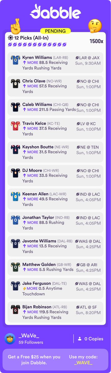 Alex_m242's tweet image. 1500x DABBLE SLIP LOTTO
#NFL #dabble #prizepicks