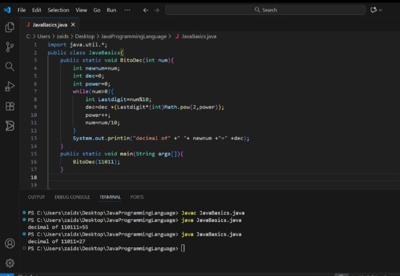 Zaid_shah313's tweet image. Daily learning Daily growing!!! Today Conversions Decimal to Binary and vice versa #CodingJourney #javalanguage