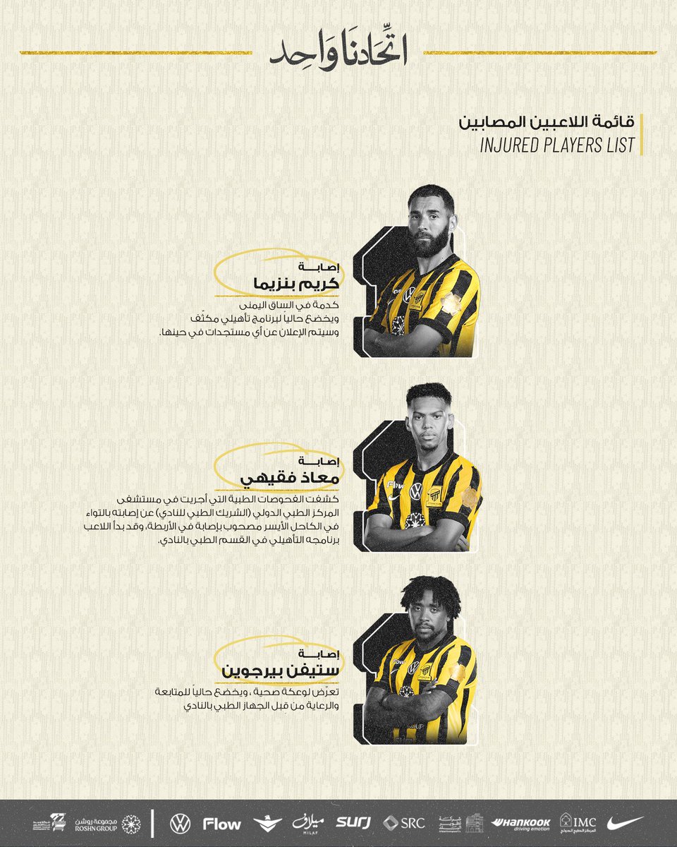 🚨🚨🚨⚠️ عــاجــل ورســمــيًــا ⚠️🚨🚨🚨

الاتحاد يعلن عن اصابة كريم بنزيما &amp; معاذ فقيهي &amp; بيرغوين.