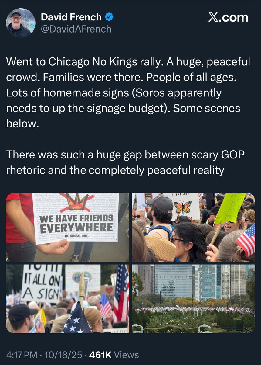 David French: “All these new church goers are scaring me.”

Also David French: “The communists and anarchists at the No Kings rally are so peaceful and joyful! What a contrast!”

Mask. Completely. Off.