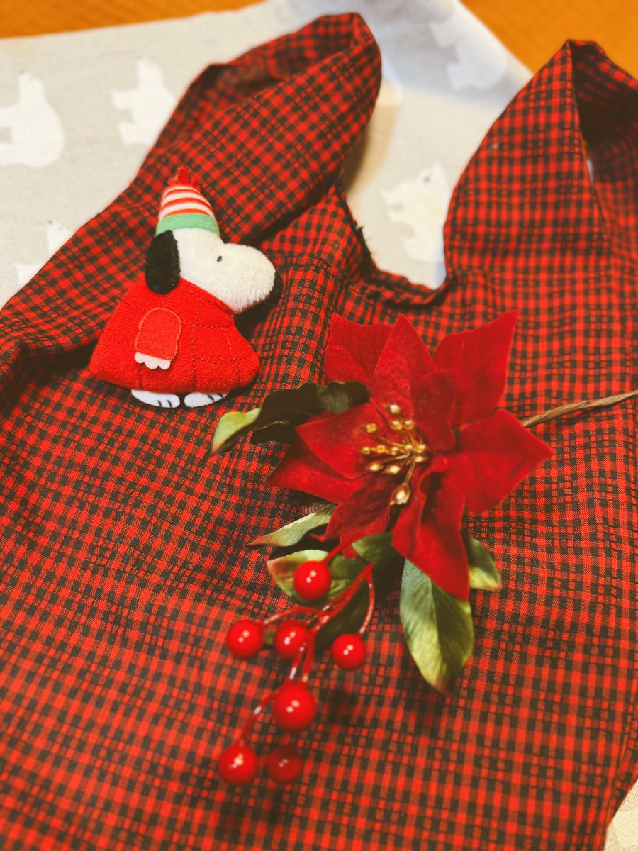 冬っぽいエコバッグを買ったので、
持ってたスヌちゃんのバッジをつけたらいい感じ