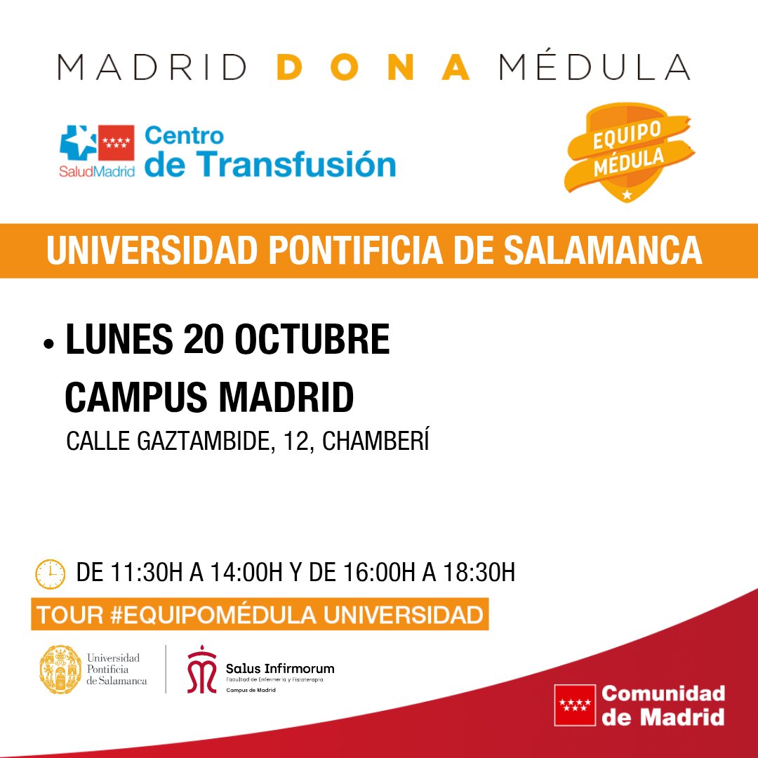 📍 El #TourMédula Universidad llega a la <a href="/upsa/">UPSA</a> – Campus Madrid 🧡

🗓 Lunes 20 de octubre
📍 Calle Gaztambide, 12 (Chamberí)
⏰ De 11:30 a 14:00 h y de 16:00 a 18:30 h

Infórmate sobre la donación de médula ósea y regístrate como donante.

🧡 Súmate al movimiento que salva vidas.