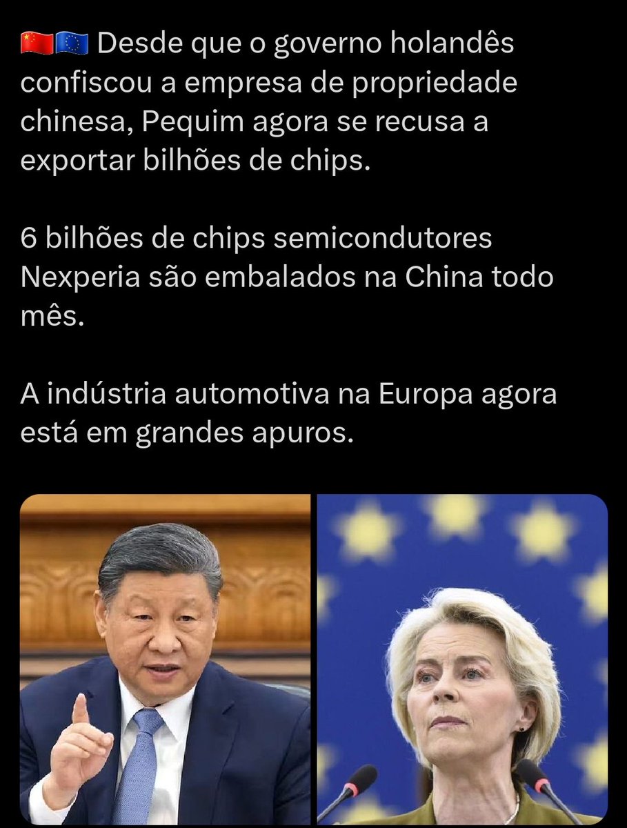 bbbrezenski's tweet image. E não só os EUA estão se auto sabotando, o capacho europeu também resolveu medir forças com a China.

A Europa que virou colônia norte americana teve uma ideia genial.
Tomar a Nexperia, empresa chinesa de semicondutores com sede na Holanda.

Só se esqueceram de que os chips são…