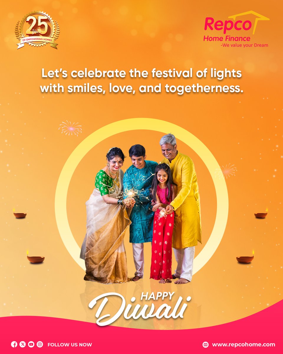 RepcoHome's tweet image. May this Diwali fill your home and heart with warmth, happiness, and endless smiles. Let’s share joy, create beautiful memories, and light up each other’s lives. Wishing everyone a Happy Diwali! 

#RHFL #RepcoHome #WeValueYourDream #HappyDiwali #FestivalOfLights #CelebrateDiwali