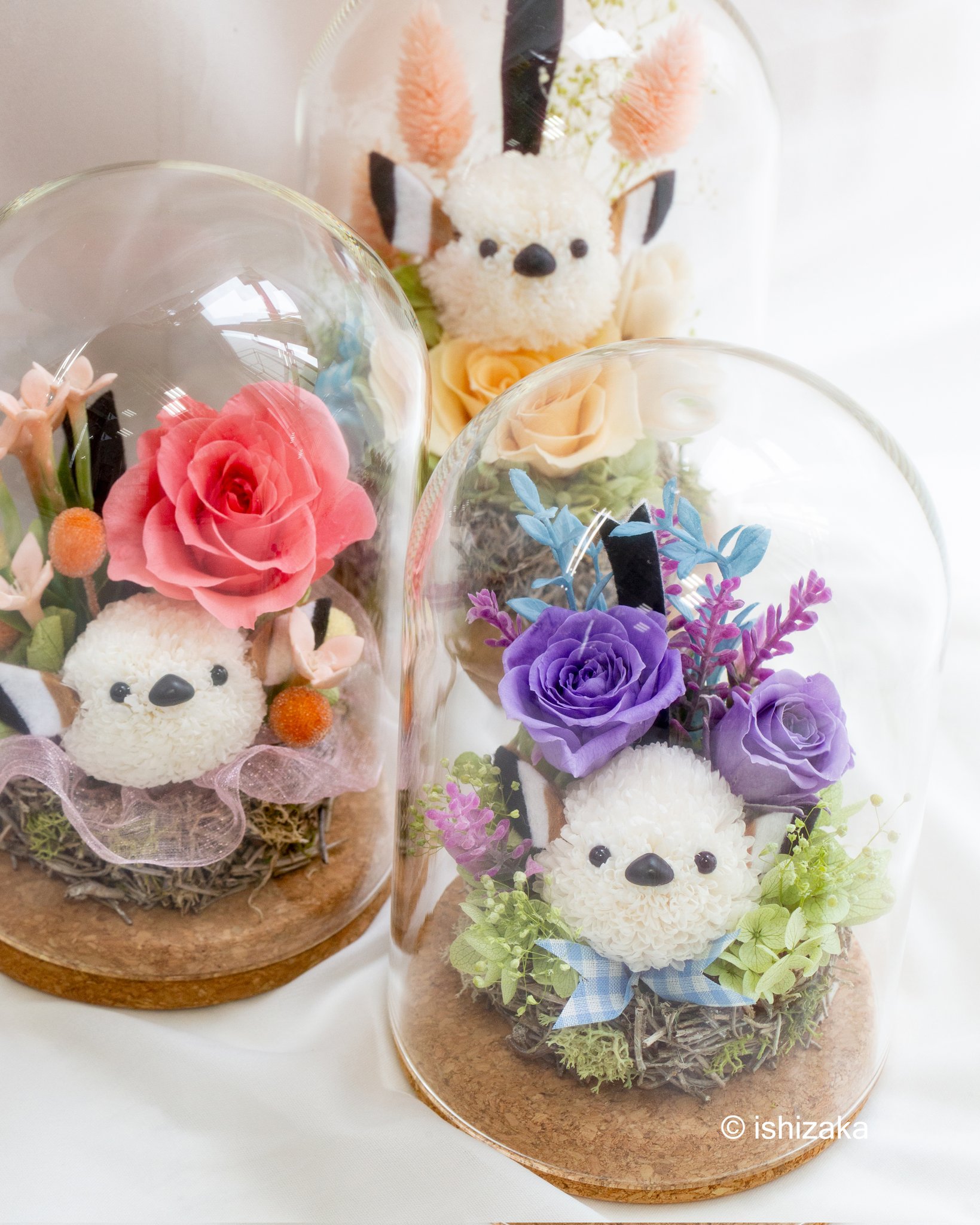 プリザーブドフラワー（2セット）シマエナガ＆三日月型　　ティファニーブルー＆濃紺 プリザーブドフラワー（2セット）シマエナガ＆三日月型