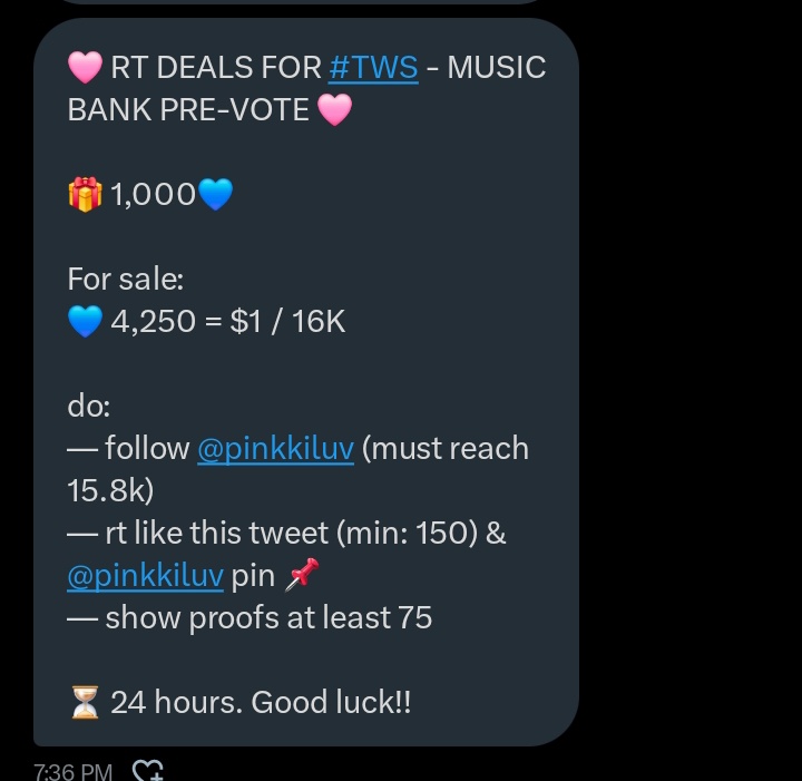 Dhesunflower's tweet photo. 🩷 RT DEALS FOR #TWS - MUSIC BANK PRE-VOTE 🩷

🎁 1,000💙

do:
— follow @pinkkiluv (must reach 15.8k)
— rt like this tweet (min: 150) &amp; @pinkkiluv pin 📌
— show proofs at least 75 https://t.co/anPRReoKPE