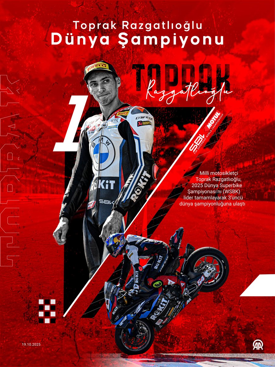 BUNU BAŞARAN İLK TÜRK 🇹🇷🇹🇷

🏆🏍️ Milli motosikletçi Toprak Razgatlıoğlu, 2025 Dünya Superbike'ta şampiyon olarak, 3'üncü dünya şampiyonluğuna ulaştı.