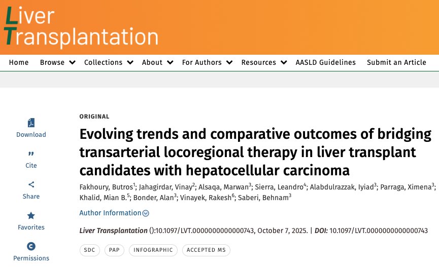 Vinay Jahagirdar (@vinayjaha) on Twitter photo 🚨 Our findings from UNOS, published in <a href="/AASLDtweets/">AASLD</a> <a href="/LTxJournal/">Liver Transplantation Journal (LTxJournal)</a>
1️⃣ TARE is overtaking TACE as the bridge to LT in HCC
📉 Lower waitlist dropout
🔬 >2x odds of complete pathologic necrosis
⏱️ Similar overall survival, often in fewer sessions
⚖️ Access gaps by insurance
👉 🚨 Our findings from UNOS, published in <a href="/AASLDtweets/">AASLD</a> <a href="/LTxJournal/">Liver Transplantation Journal (LTxJournal)</a>
1️⃣ TARE is overtaking TACE as the bridge to LT in HCC
📉 Lower waitlist dropout
🔬 >2x odds of complete pathologic necrosis
⏱️ Similar overall survival, often in fewer sessions
⚖️ Access gaps by insurance
👉