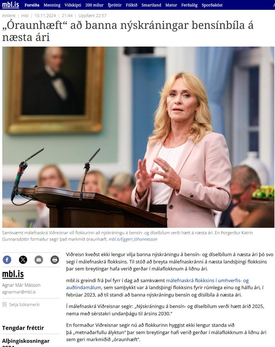 Fyrir kosningar reyndi Viðreisn að breiða yfir þá stefnu sína að banna nýskráningar bensín- og Dieselbíla. 
Nú, innan við ári síðar, leggur fjármálaráðherra Viðreisnar fram tillögur um svo há févíti á kaupendur slíkra bíla að það er ekkert annað en bann fyrir flest fólk.