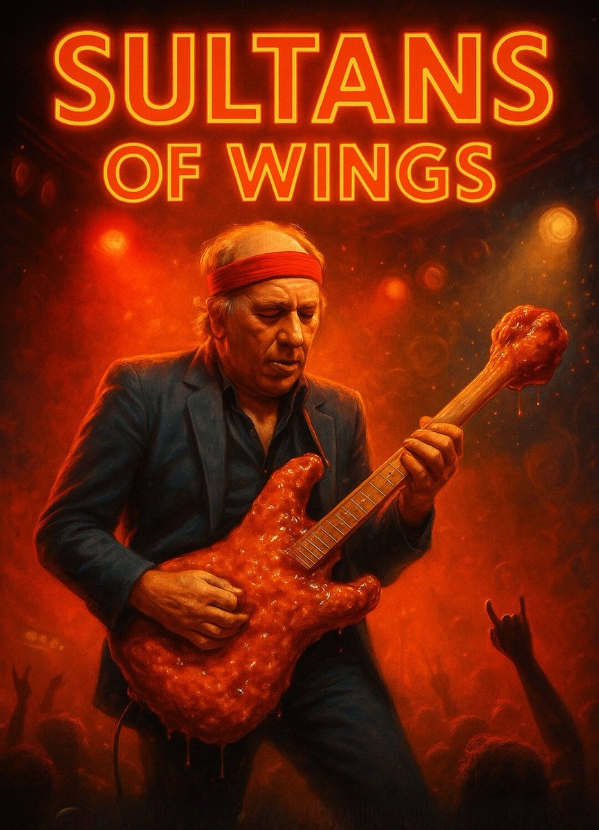 Shakeyswings's tweet photo. If Mark Knopfler had a wing… what flavor would it be? 

 “Sultans of Wing” — Parody Poster Drop

#SultansOfWings #DireStraits #RockParody #ClassicRock #WingsBoss

@DireStraits77 @MarkKnopfler @ClassicRockMag @RollingStone https://t.co/9Iz8caiksk