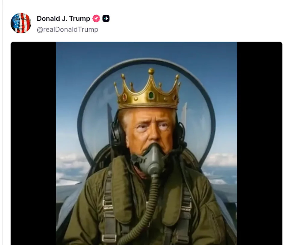A guy with a free Qatari jet, who is slashing healthcare subsidies, driving inflation, and adding trillions to the deficit funding his billionaire oligarch buddies, posts a video of himself wearing a gold crown and dropping shit on the masses. 

This is gold for the midterms.