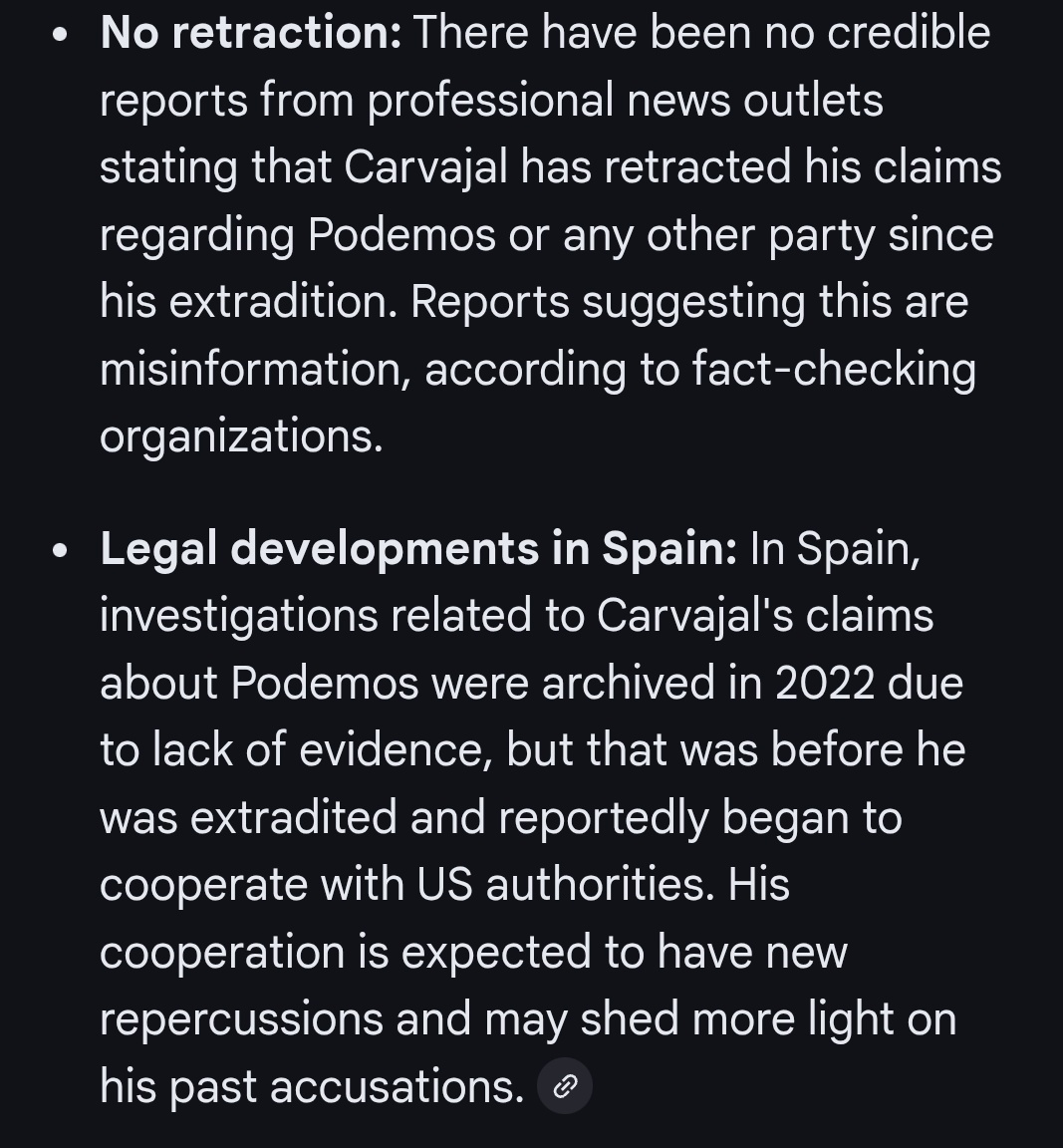 Según Gemini, ningún registro creíble de que Pollo Carvajal se haya retractado respecto a la financiación de Podemos por parte del régimen venezolano.