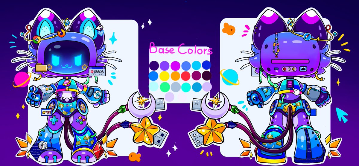 Big news!🌟I’ve commissioned an amazing artist and now, I’ve got a shiny new ref sheet to show you! A complete reimagining of my OC✨It will take some time to draw and rig the Vtuber model. But I couldn’t wait to share this! WIP coming soon👀
Art:<a href="/SaturnCatyyyy/">SaturnCatyyy</a> 
Base:<a href="/Sampadopts/">Samp.adopts (COMMS OPEN check carrd)</a>
