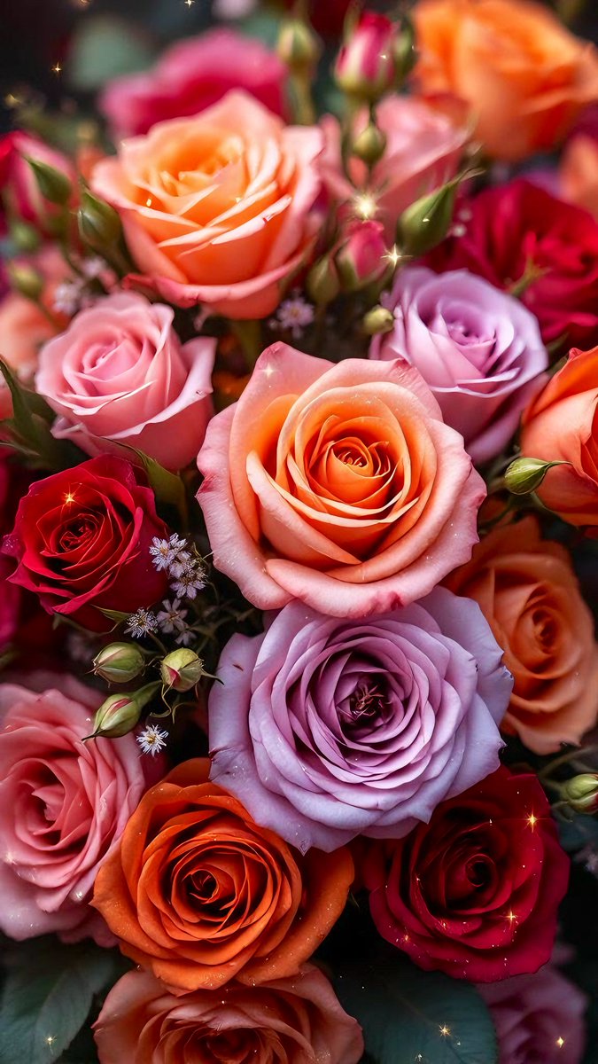 WallSpireX's tweet image. A burst of color, a touch of magic 🌹✨ This rose bouquet wallpaper blends romance, serenity, and sparkle. Let your screen bloom with beauty! You can download it in 4K. 🩸✨ #FloralVibes #AestheticBloom #phonewallpaper