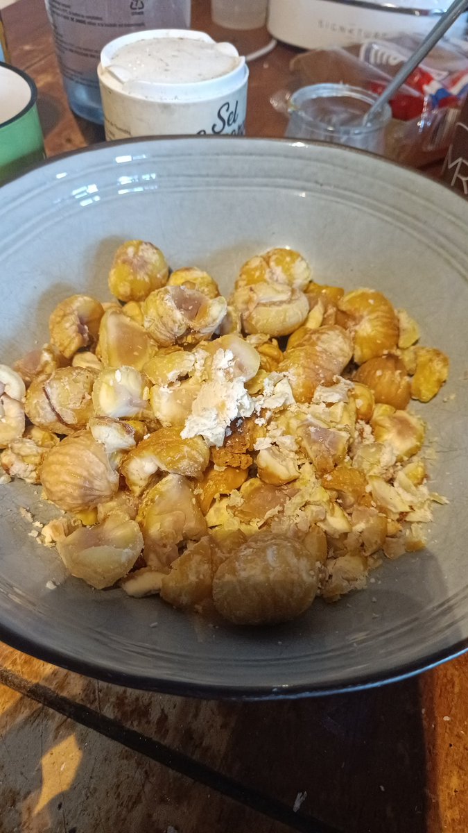 Gâteau à la châtaigne en préparation : ceux qui ont déjà pelé des châtaignes savent 😅
C'est bon mais il faut se brûler un peu les doigts ....
Les plus belles vont partir rôtir dans un peu de gras pour accompagner le confit de canard 🦆