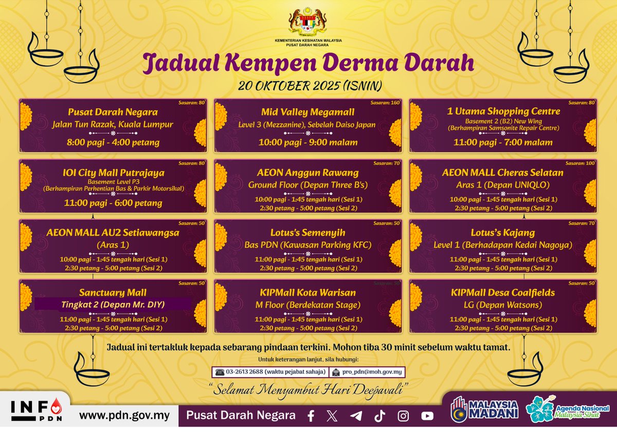 Jom derma darah. 

Jalankan tanggungjawab sosial anda, hadir di lokasi yang tertera di jadual.

Untuk makluman lanjut, sila layari pdn.gov.my

#TeamPDN