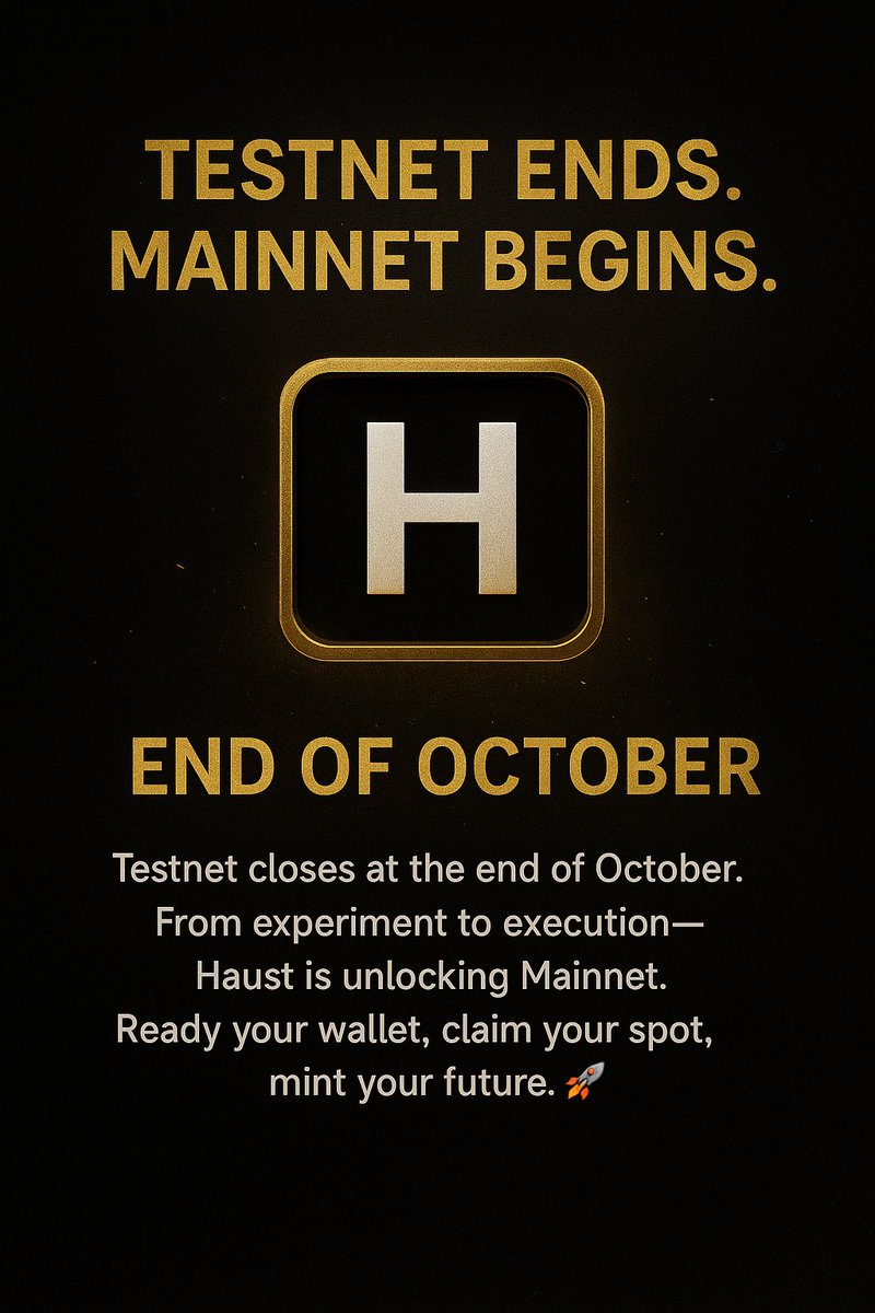 Ahmad58521996's tweet photo. Testnet closes at the end of October.
From experiment to execution — Haust is unlocking Mainnet.
Ready your wallet, claim your spot, mint your future. 🚀
#Haust #HaustNetwork #Testnet #Mainnet #Mint #DeFi #Layer2 #zkRollups #Web3 #Crypto #Blockchain #NativeYield https://t.co/ZCgLkIwmZb