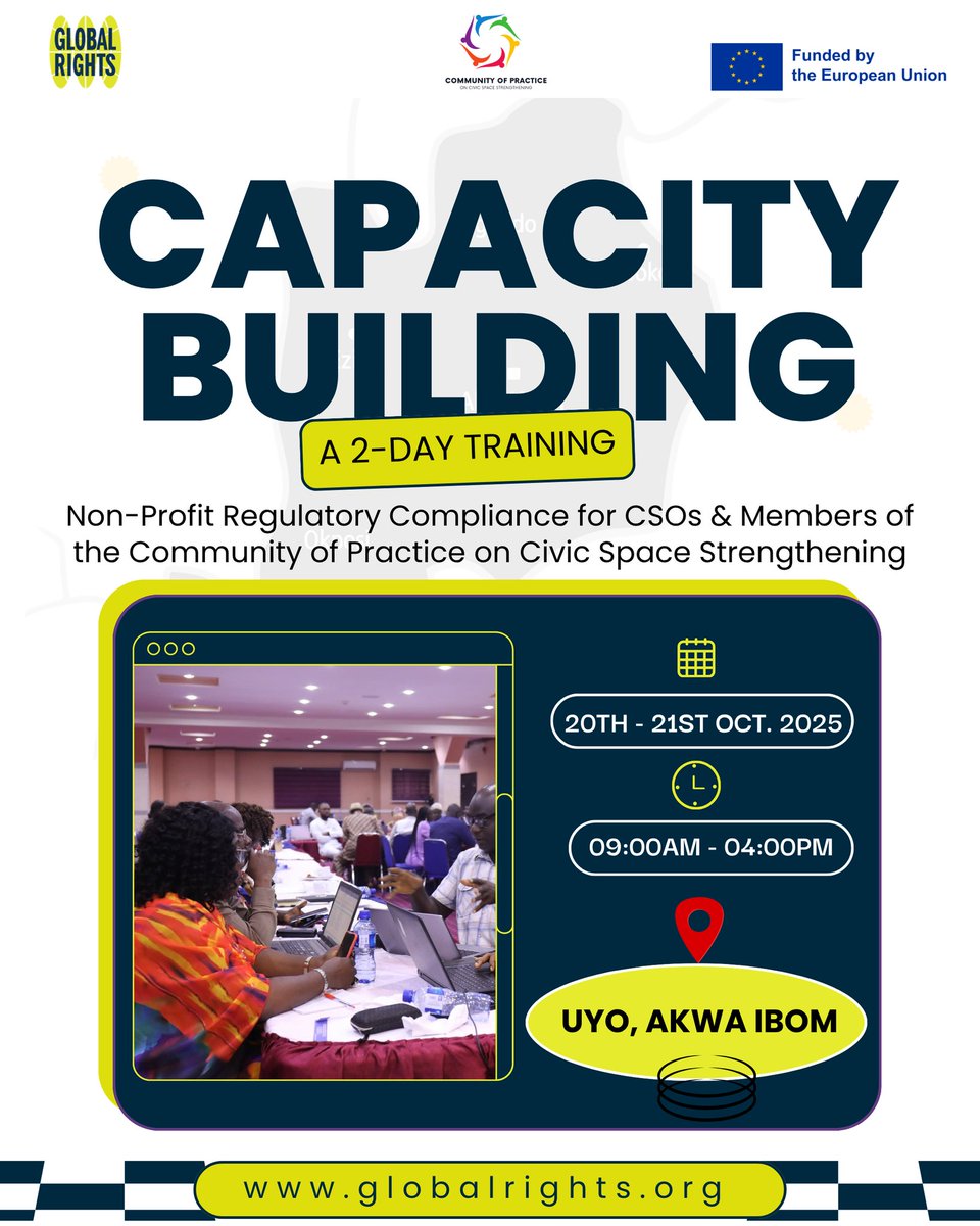 Civil society keeps democracy alive, and in Uyo, we’re strengthening its pulse. 

This week, Global Rights, in partnership with the Community of Practice, is bringing together CSOs from across Akwa Ibom to deepen their understanding of nonprofit laws, from CAMA to AML