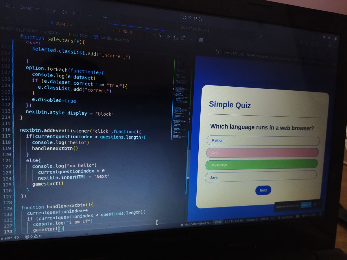 Aatmik99's tweet image. Just built a Simple Quiz App using HTML, CSS, and JavaScript!
It asks random questions, tracks your score, and shows the result at the end.
#WebDev #JavaScript #Coding #Frontend #100DaysOfCode #DevCommunity