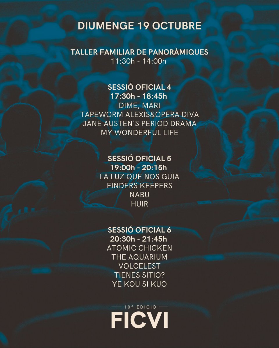 Activitats i projeccions del dia d’avui, diumenge 19 d’octubre.

Actividades y proyecciones de hoy, domingo 19 de octubre.

Today’s activities and screenings — Sunday, October 19.

Activités et projections du jour — dimanche 19 octobre.