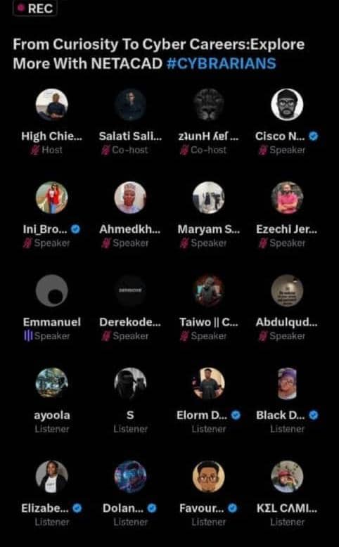shout out to <a href="/OnijeC/">Cisco Nerd</a> <a href="/GodwinC55/">High Chief Dr.Ogbuefi N'Orumba🇦🇺 PhD</a>  for an amazing session yesterday " From Curiosity To Cyber Careers" 
shout out to <a href="/bash_voice/">Salati Salis Luqman</a> also for the opportunity. #cybrarians