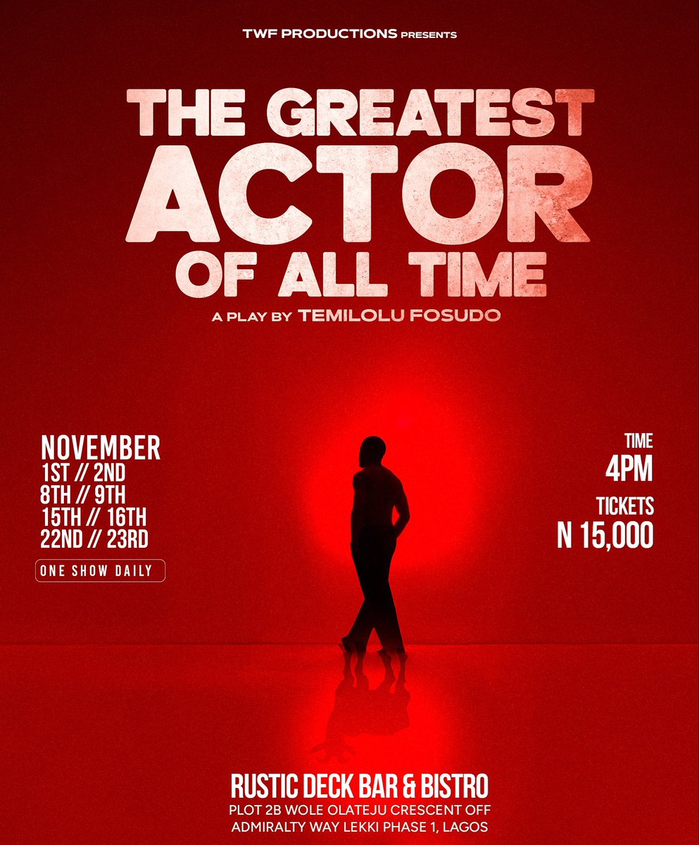 Countdown to The Greatest Actor Of All Time stage play!
If you love the arts, don’t miss this. 
Click the link or send me a dm to get your tickets! 
Written and directed by <a href="/fosudotemi/">fosudo temiloluwa</a>, co produced with <a href="/Thechukwumartin/">Uzo'Chukwu Martin</a> &amp; Me! 🥳
forms.gle/XKWPtm7K9ELsse…
#TGAOAT #WatchTGA