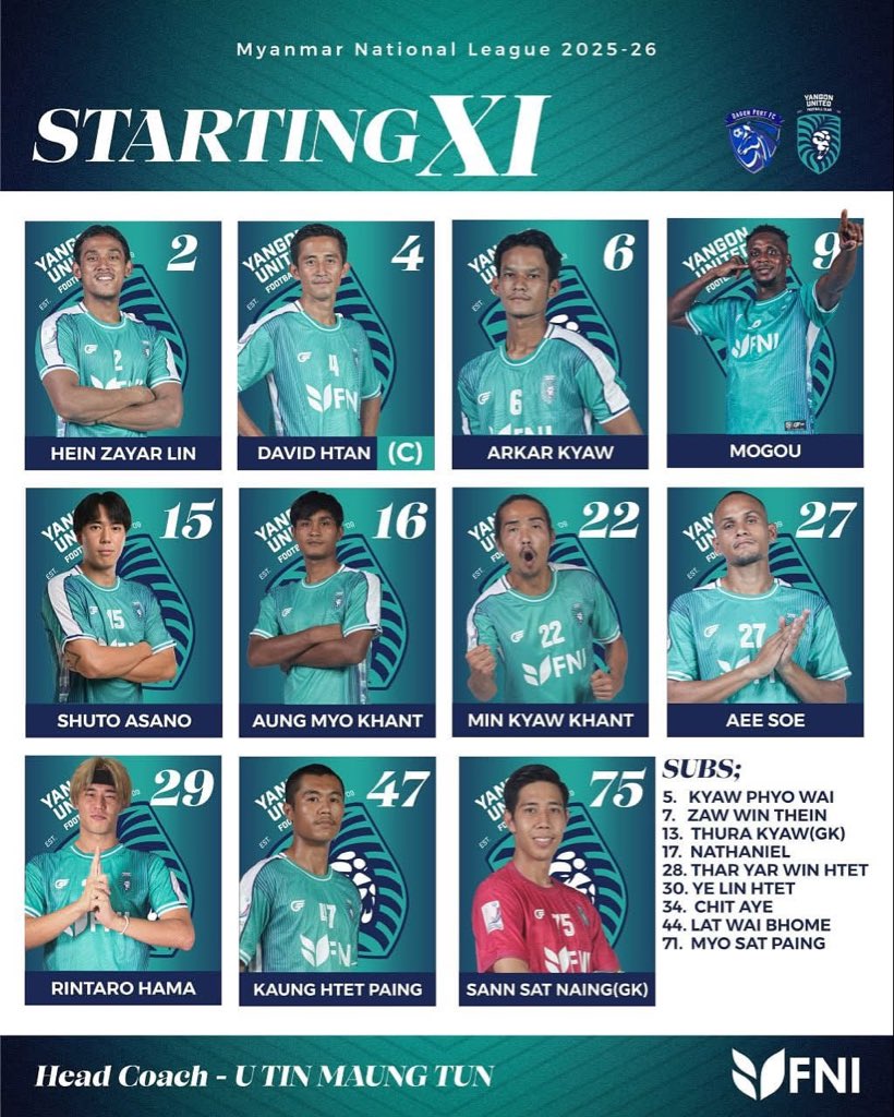👊Your starting XI to face Dagon Port.

#YUFC #Yangon #ThisIsYangon #HomeOfYUFC #DreamBigPlayHard #MNL2025/26 #DPFCvsYUFC #lineup