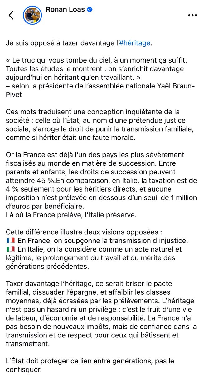 🇫🇷 La France taxe l’#héritage jusqu’à 45 %, 🇮🇹 l’Italie à 4 % avec 1 M€ d’abattement.
Là où la France prélève, l’Italie préserve.
Taxer davantage l’héritage, c’est briser le lien entre générations. L’État doit protéger la transmission, pas la confisquer