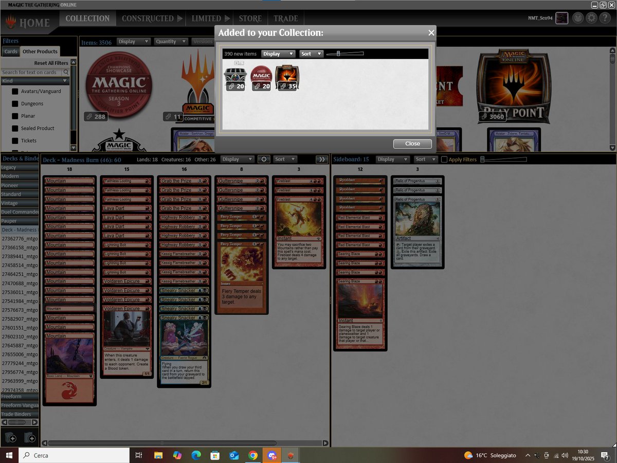 Top 8 in Saturday Pauper Challenge with the standard list of Mono R Madness 🔥🔥🔥
Round 1 W Elves
Round 2 W RG Monsters
Round 3 L BR Madness 
Round 4 W UB Faries
Round 5 W Mono R Pingers (<a href="/muget/">Christine Painell</a>)
Round 6 L Grixis Affinity
Quarters L Grixis Affinity