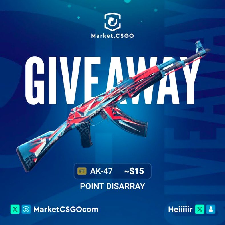 Heiiiiir's tweet image. 🎁 AK-47 | Point Disarray FT Giveaway 🎁
How to Enter:
1️⃣ Follow @MarketCSGOcom + @Heiiiiir
2️⃣ Like and Retweet this post
3️⃣ Tag at least one of your teammate under the comment section
💥 Winner will be announced on October 26th. 
⏰ Don't miss your shot at this epic skin!
