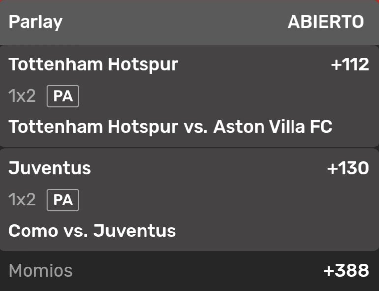 ChagoFutbol's tweet photo. Evidentemente vamos con mayor % en la combinado de Doble Oportunidad del Tottenham y de la Juventus.
La otra combinada de ML es solo con unos pesillos aunque no veo muy imposible que se pueda dar 👀.
No veo como puedan perder éstos dos equipos.
Nos vemos en cajas 👀👀🍀 https://t.co/yTQ3wk53XR
