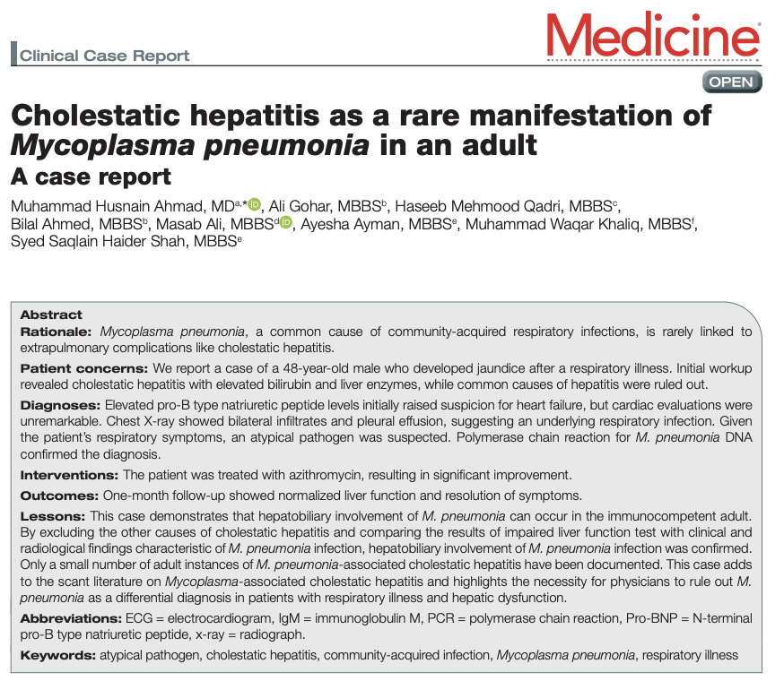 smasabalee's tweet photo. We report a rare case of cholestatic hepatitis in a healthy adult caused by Mycoplasma pneumoniae. Patient had jaundice after a respiratory infection, improved with azithromycin, and liver function normalized in 1 month.

🩺 Important reminder: Mycoplasma can affect the liver too https://t.co/vu8lFmpH27
