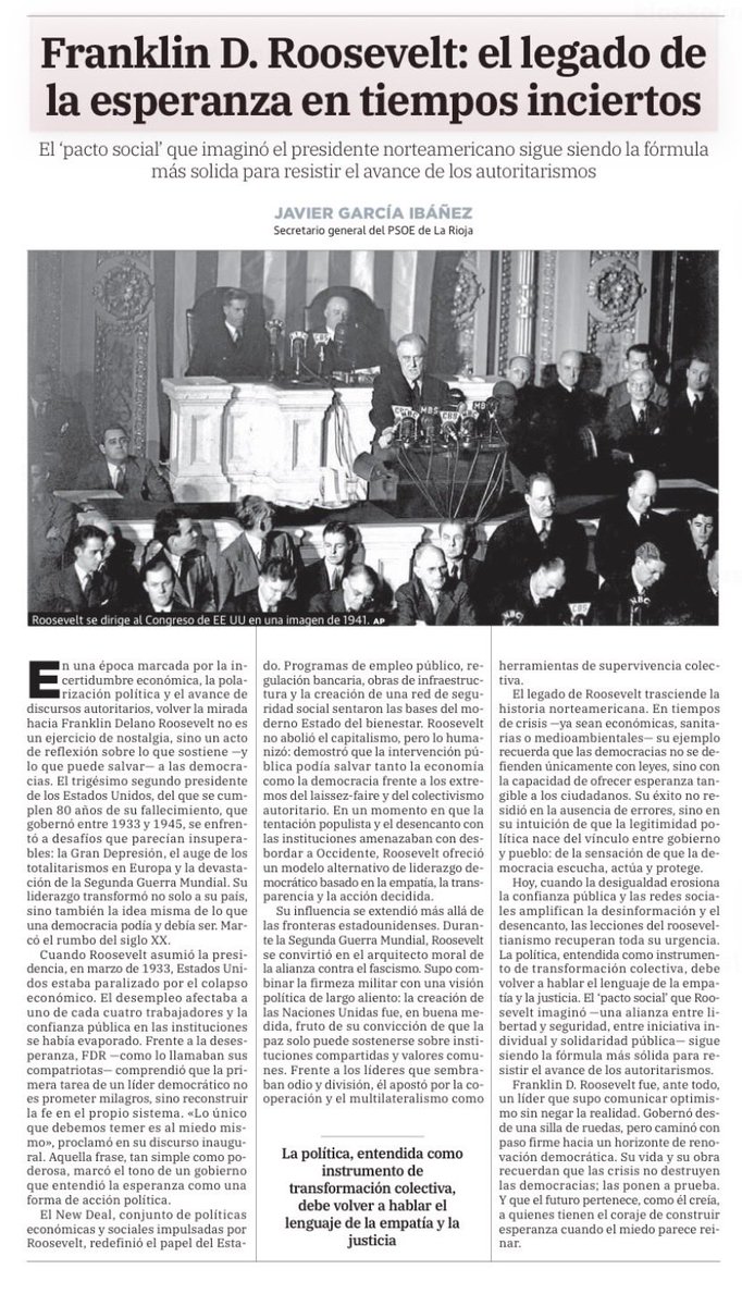 Franklin D. Roosevelt: el legado de la esperanza en tiempos inciertos

El pacto social que imaginó el presidente norteamericano sigue siendo la fórmula más solida para resistir el avance de los autoritarismos

✍️ <a href="/javidearnedo/">Javier García Ibáñez</a> en 🗞️ <a href="/lariojacom/">lariojacom</a>