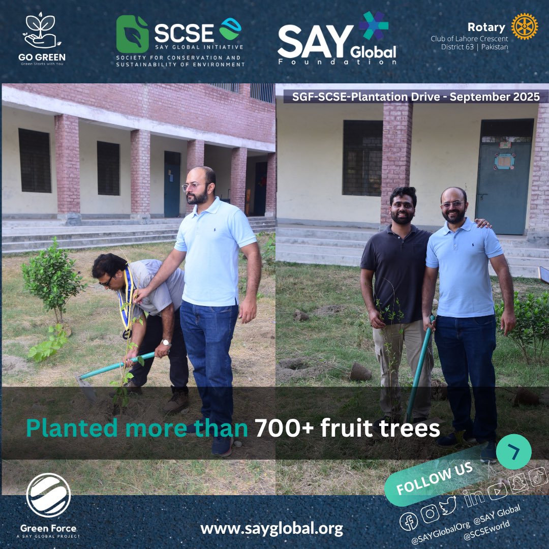 SAYGlobalOrg's tweet photo. Today we planted hope, shade, and cleaner air for the next generation 🌍💚
Thank you to all volunteers who joined hands in our Plantation Drive at Green Town, Lahore!
#PlantationDrive #GreenForce #SAYGlobalFoundation #GoGreenPK #RotaryLahoreCrescent https://t.co/c74VOmHxNO