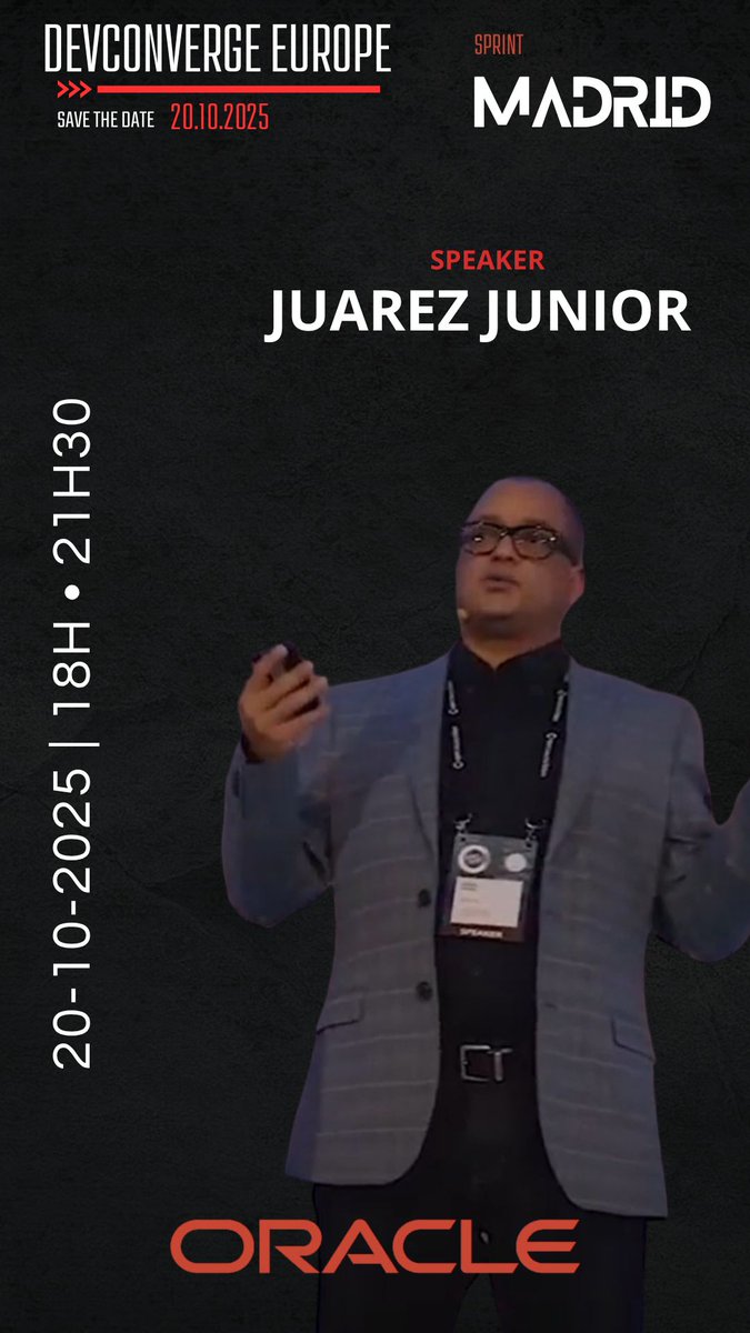 juarezjunior's tweet image. 📢 Gratuito: Oracle + DevConverge EUROPE in #Madrid - Building Next-Gen AI Agents with LangChain4J and AI Vector Search - Oct 20 2025, 6 p.m. bit.ly/4gQDaah #Java #JavaOracleDB @OracleAIDatabase @Oracle @OracleCloud @MadridJUG @BarcelonaJUG @LangChain4J @juarezjunior