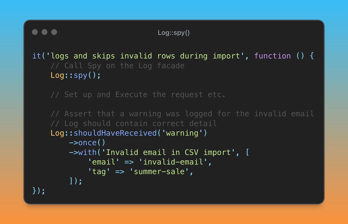 garyclarketech's tweet image. If you want to test that something was logged in Laravel, you can use Log::spy() to intercept log calls and assert the level, number of calls, and the exact data.

Great for debugging API timeouts, and background errors.

From Testing Laravel, launching Oct 31