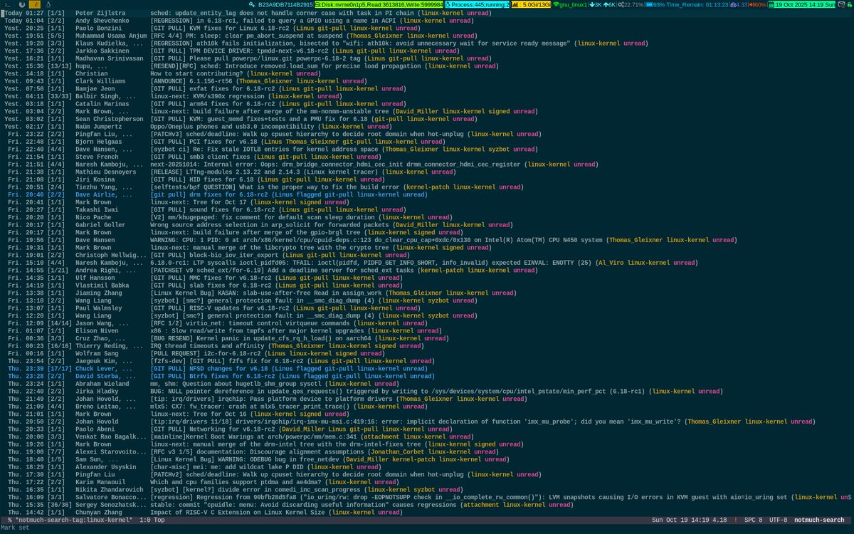 unixbhaskar's tweet image. While sipping a cup of hot Green Tea 🍵 and glancing at it :)
#linuxkernel #mailinglist #tool #emacs #notmuch #opensource