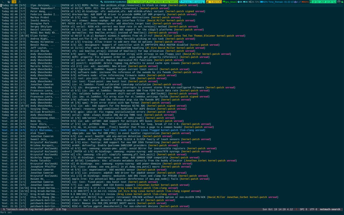 unixbhaskar's tweet image. While sipping a cup of hot Green Tea 🍵 and glancing at it :)
#linuxkernel #mailinglist #tool #emacs #notmuch #opensource