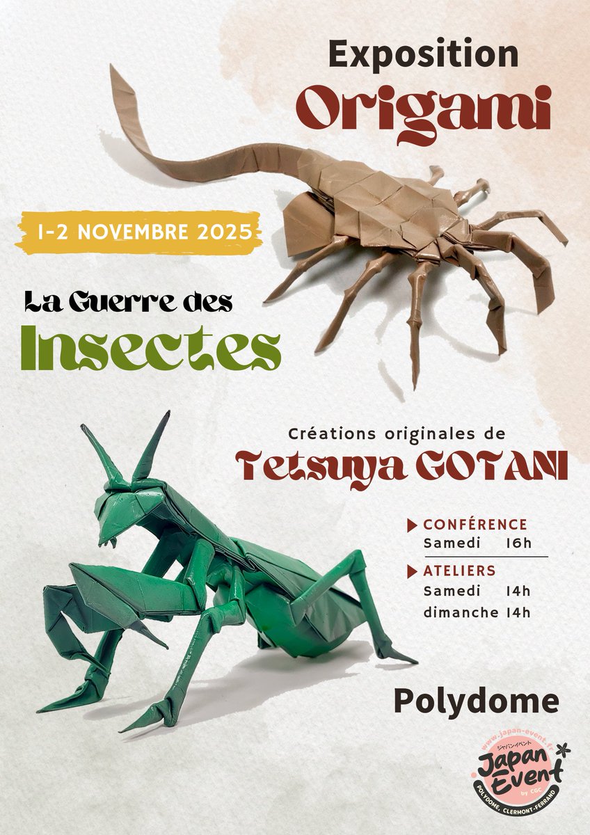 gtetuya2's tweet image. Je suis heureux de vous annoncer une exposition d&apos;origami &quot;La guerre des insectes&quot; dans le cadre du JAPAN EVENT @japanevent_cgc  qui aura lieu les 1 et 2 novembre à Polydome ! 😀