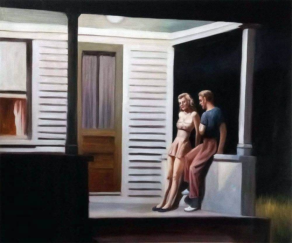 "Summer Evening", huile sur toile réalisée en 1947 par Edward Hopper, appartient à une collection privée. Cette œuvre s’inscrit pleinement dans l’univers du peintre, marqué par une représentation constante de la solitude, d’autant plus poignante lorsqu’elle se manifeste au sein