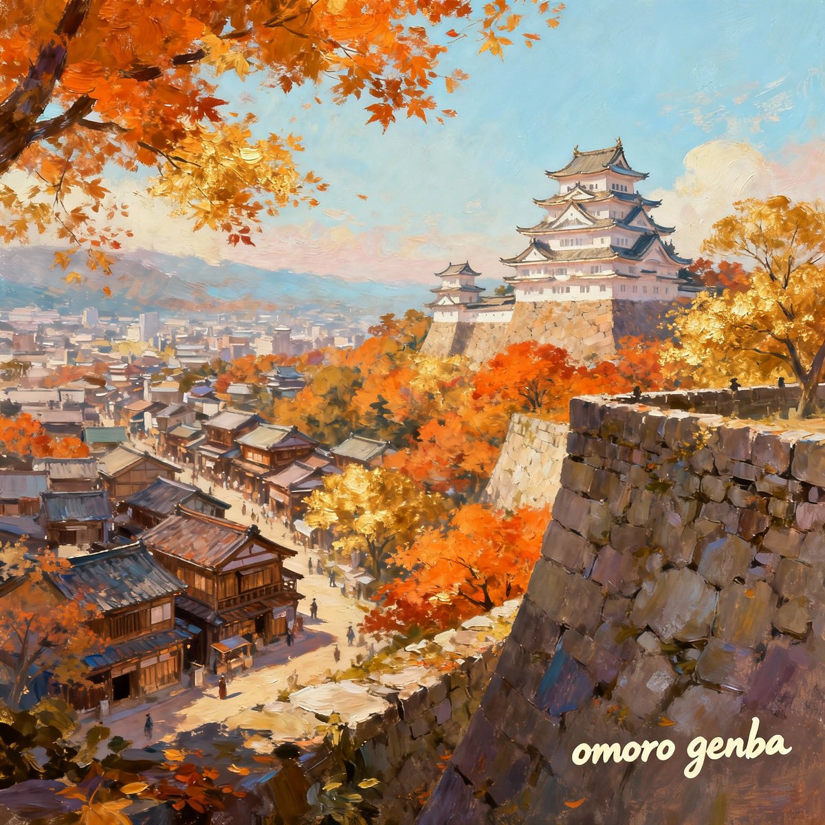 【真作】絵画　墨彩20号　高尾紅葉　秋彩の宿場町　彩り豊かな街道風景画　X199 御諸 玄蕃 on X