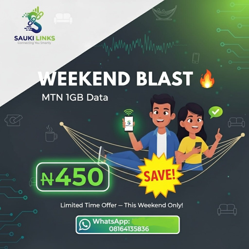 Abdalla_Nangere's tweet image. Kick back and connect this weekend! 🏖️ Grab your 1GB MTN data for only ₦450 with our Weekend Blast Discount. Don&apos;t miss out! WhatsApp us: 08164135836 #WeekendVibes #SaukiLinks #DataDeal
